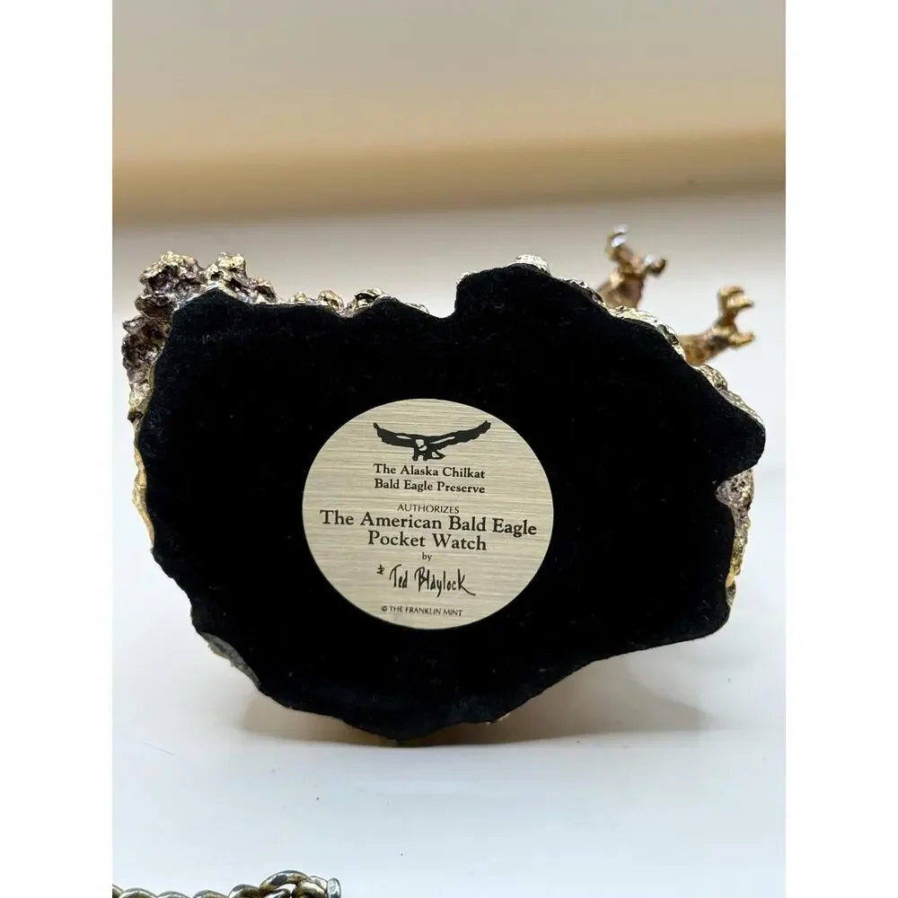 VTG Franklin Mint Bald Eagle Pocket Watch by Ted Blaylock Stand, Chain & Pouch